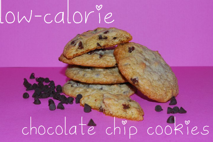 low calorie chocolate chip cookies stacked on pink background with chocolate chips