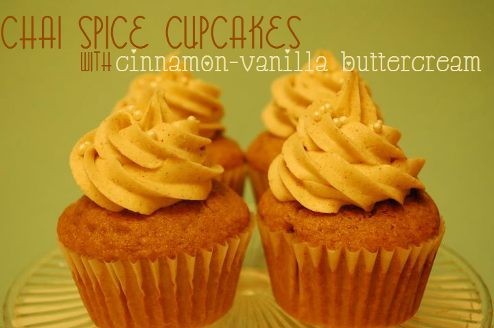 Chai spice cupcakes with cinnamon vanilla buttercream on a green background