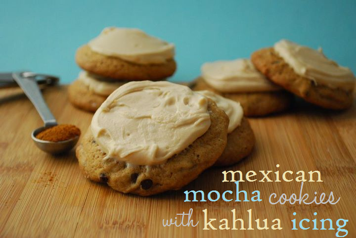 Mexican mocha cookies with Kahlua icing on a wooden board