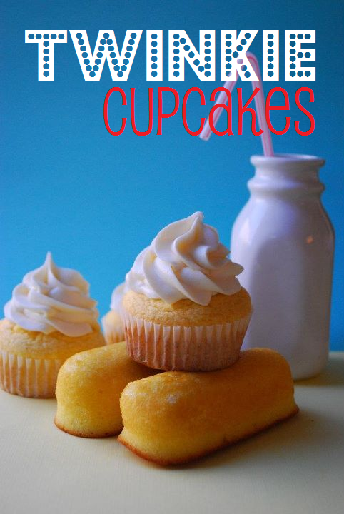 Twinkie cupcakes on top of twinkies on a blue and white background