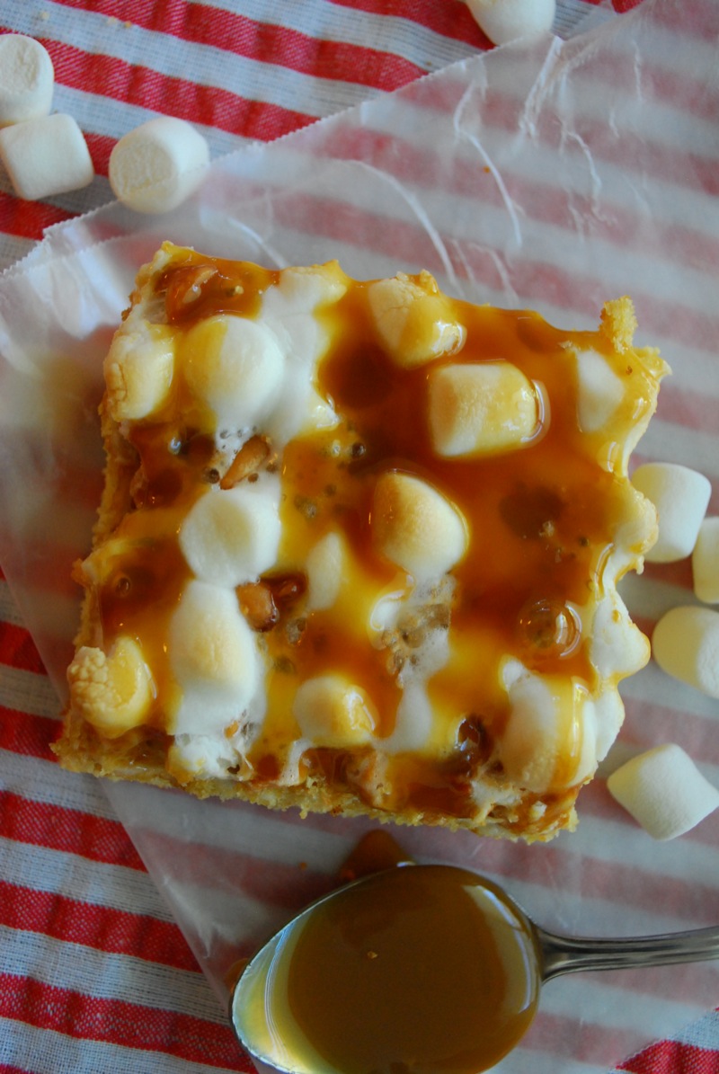 caramel marshmallow butterscotch bar on parchment with mini marshmallows
