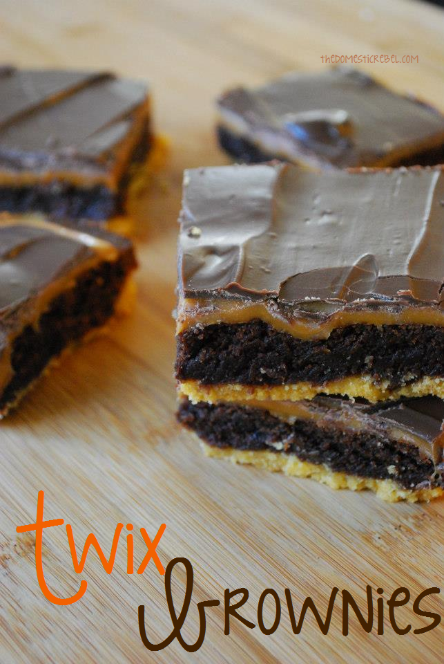 Twix brownies on a wooden background