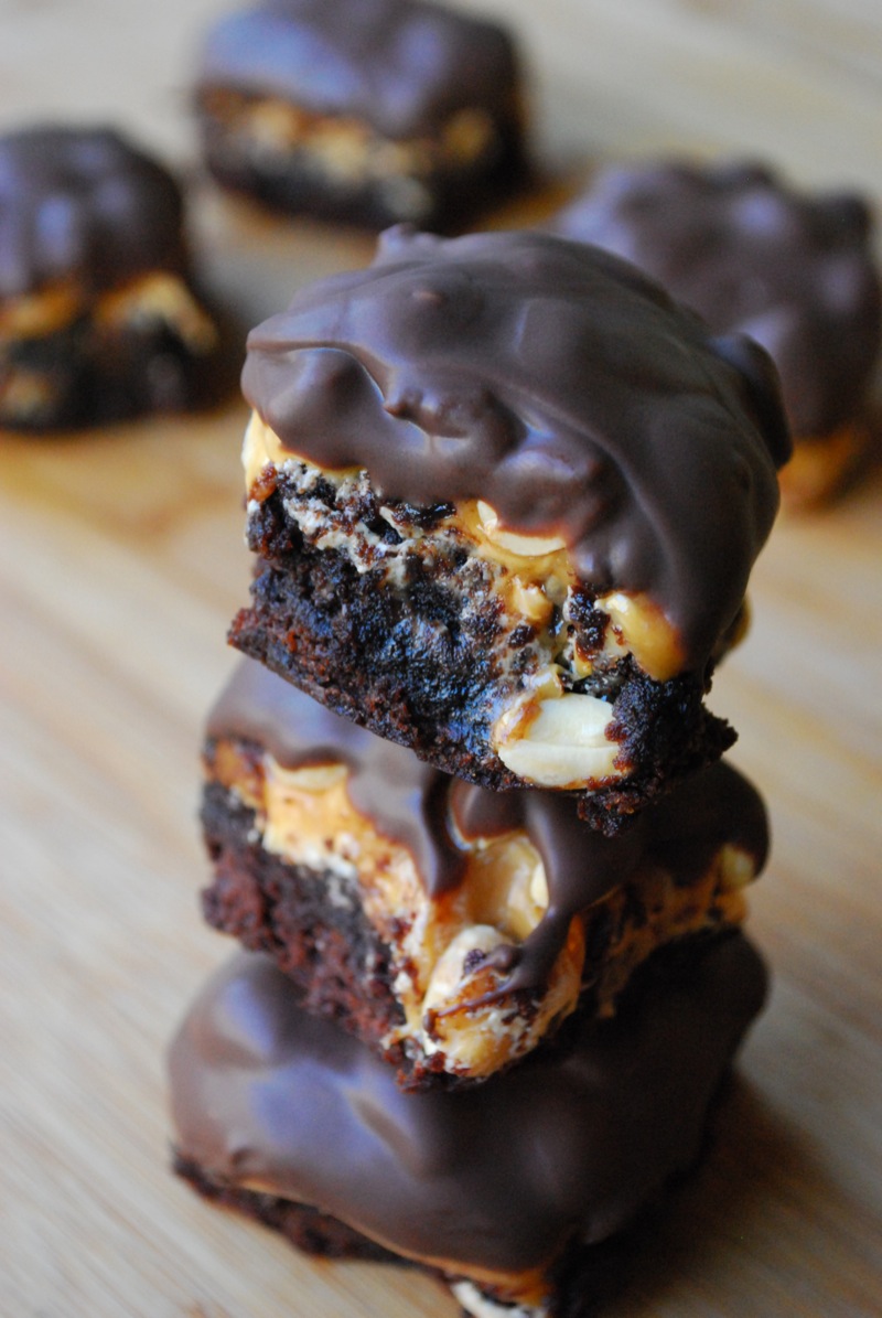 Close-up of snickers brownie bites in a stack
