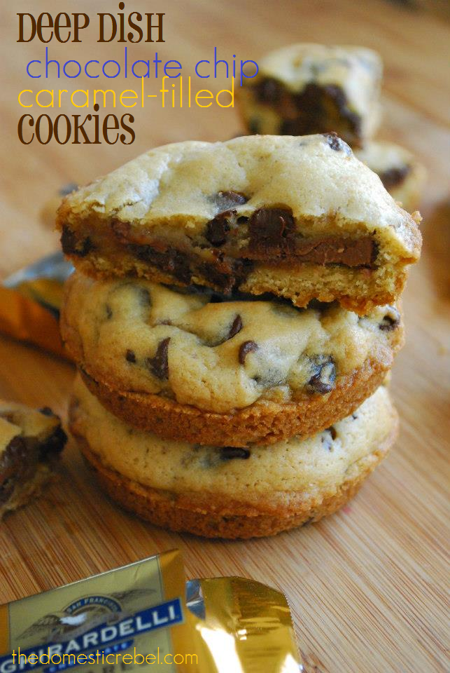 A small stack of deep dish chocolate chip caramel-filled cookies on a wooden background