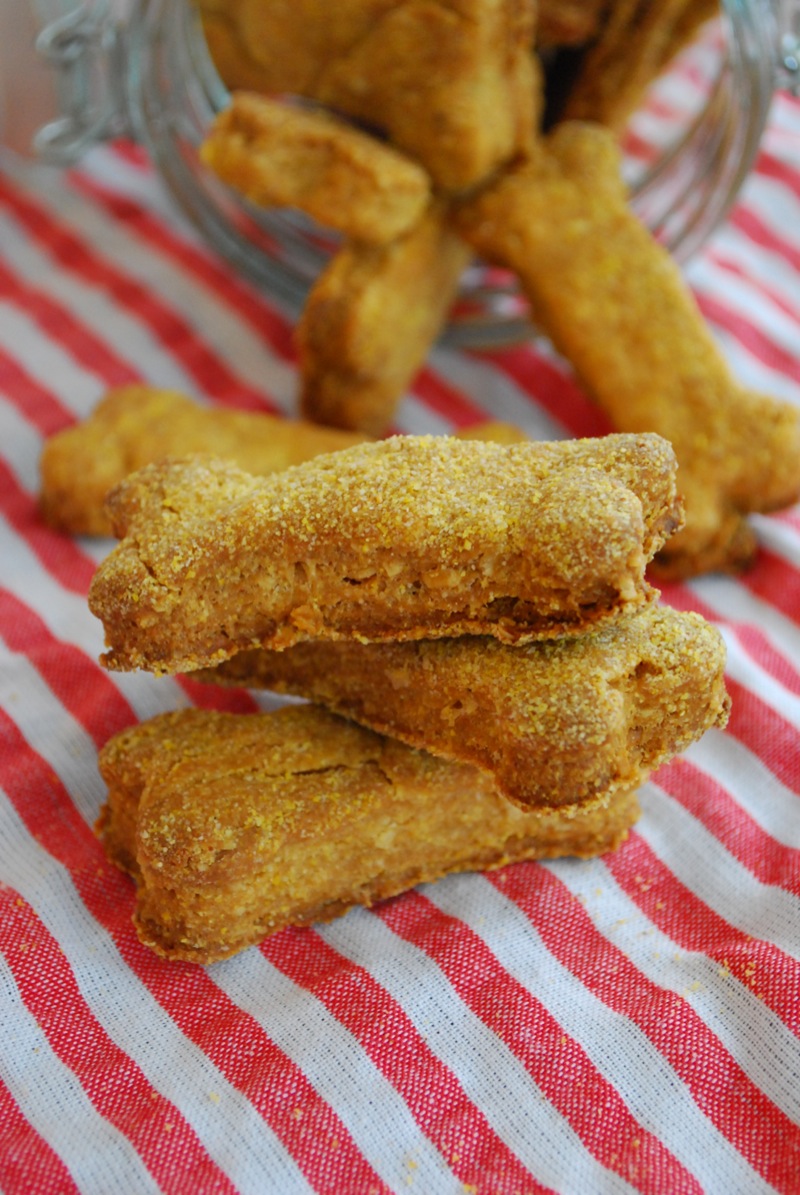 Close-up of peanut butter cornmeal dog biscuits on a striped tablecloth