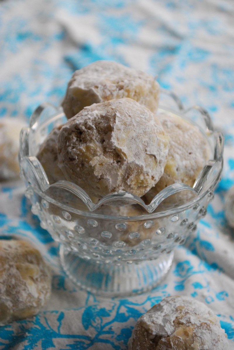 Close-up of pecan snowball cookies in a jar