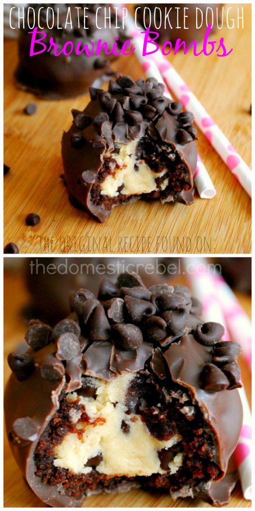 These Chocolate Chip Cookie Dough Brownie Bombs are fudgy, rich chocolate brownies wrapped around egg-free chocolate chip cookie dough, then coated in milk chocolate. You don't want to miss this ultimate treat!