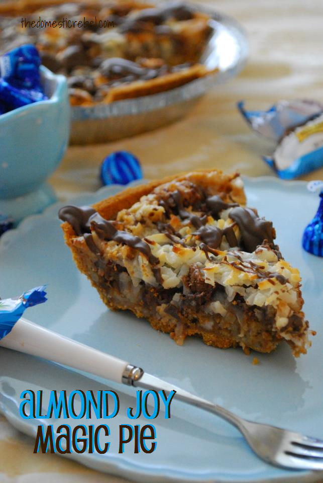almond joy magic pie on blue plate with fork and candies