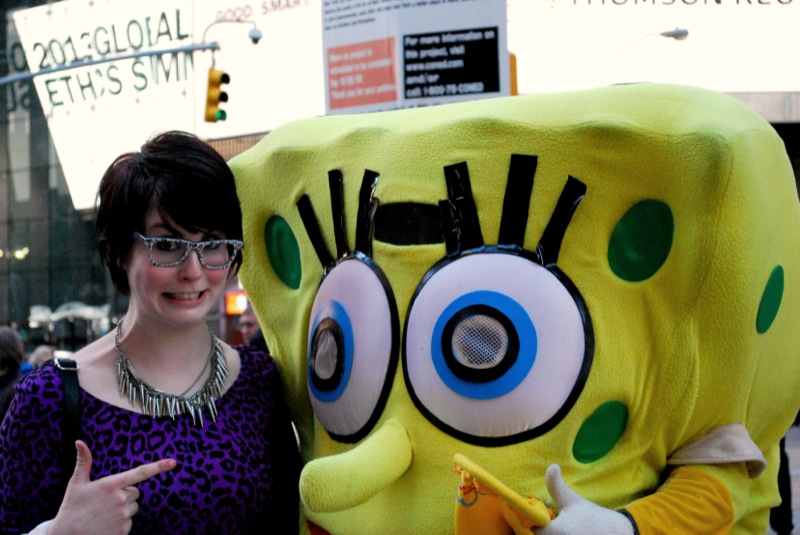 photo of author with a times square spongebob character