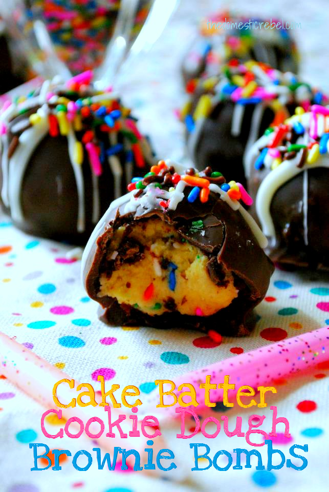 cake batter cookie dough brownie bombs sitting on a polka dot dishtowel