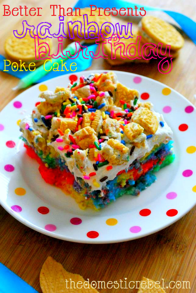 better than presents rainbow birthday poke cake on a polka dot plate