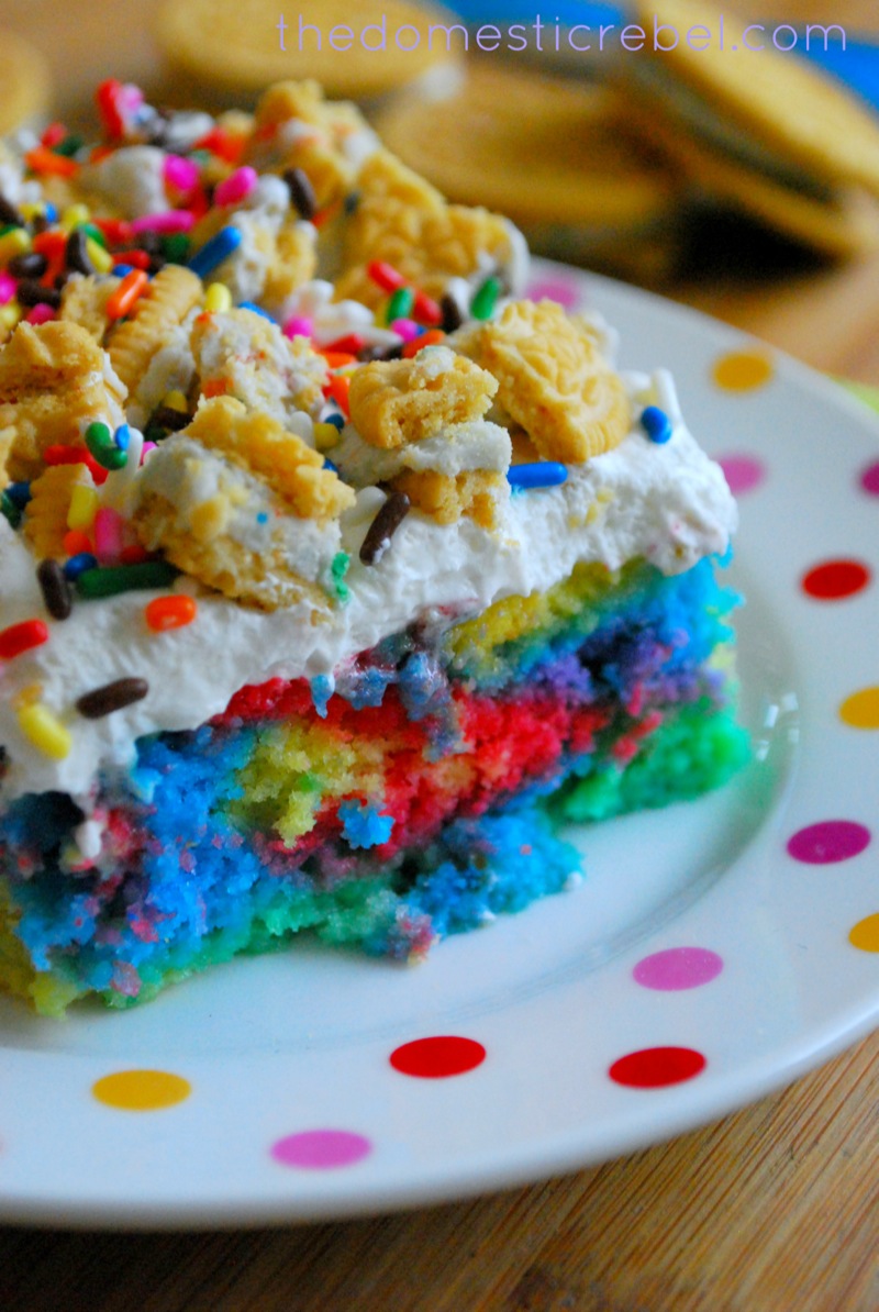 better than presents rainbow birthday poke cake closeup of cake texture on a polka dot plate