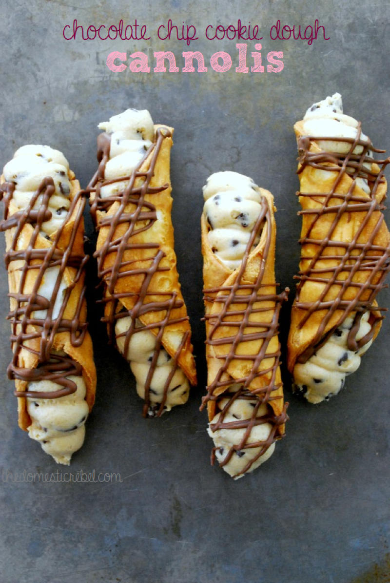 chocolate chip cookie dough cannolis on a metal baking sheet