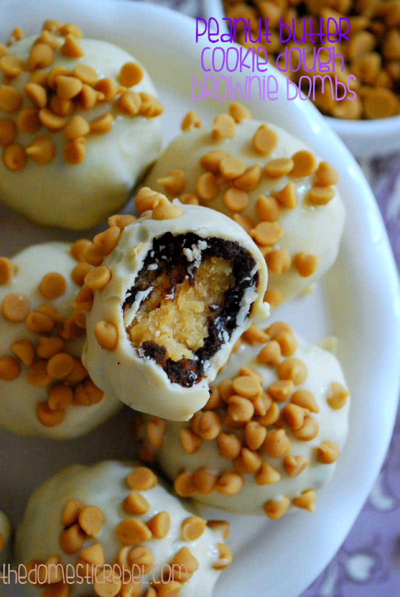 peanut butter cookie dough brownie bombs sitting on white plate