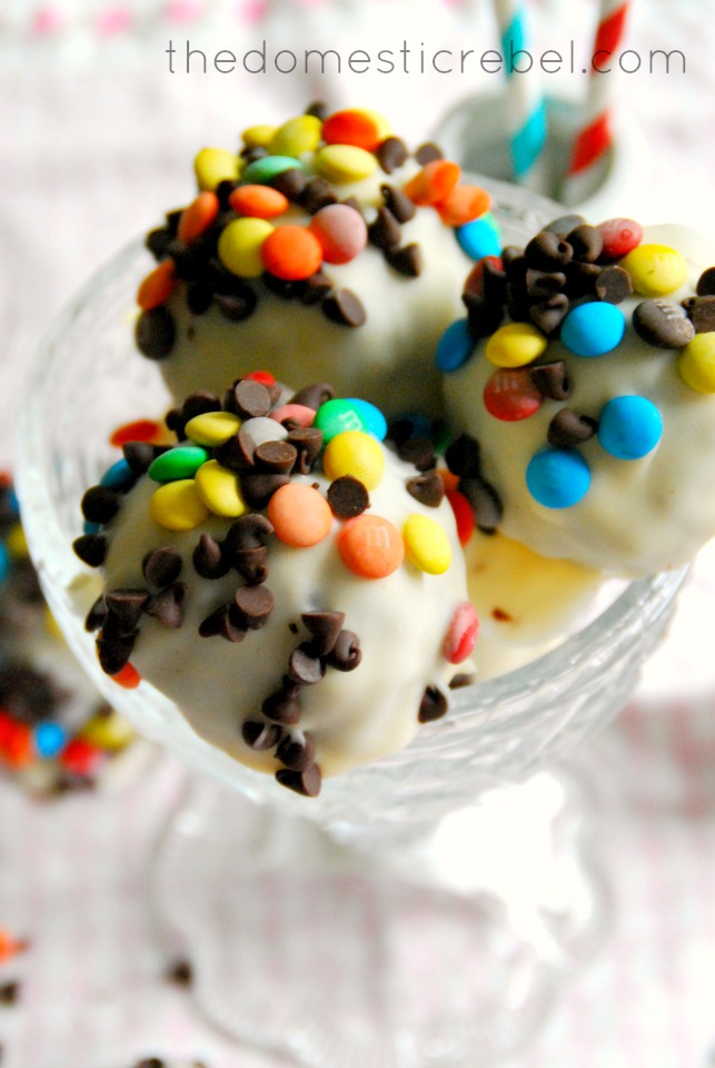 monster cookie dough brownie bombs arranged in a parfait glass