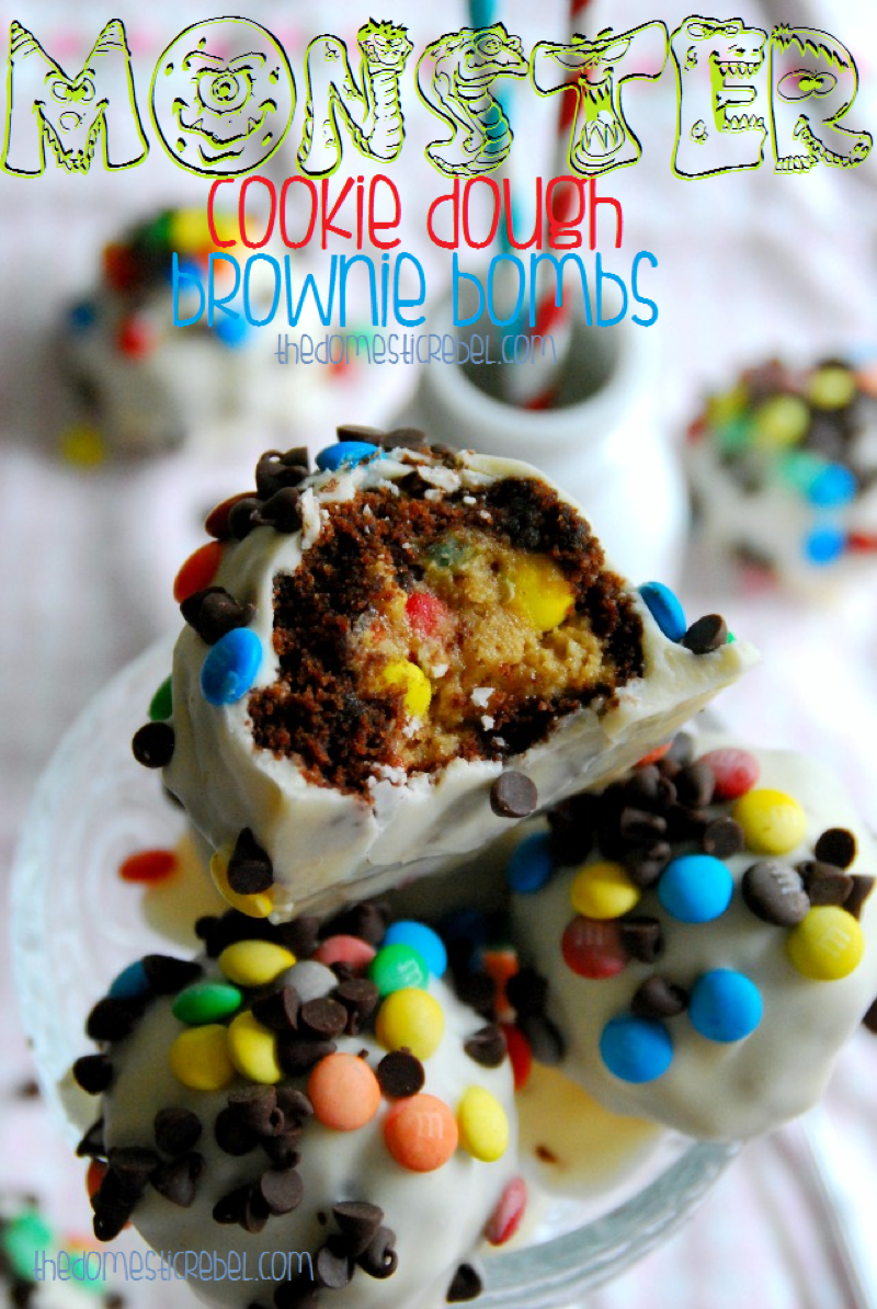 These Monster Cookie Dough Brownie Bombs are loaded with sweet and salty monster cookie dough wrapped in a fudgy brownie and coated in a rich peanut butter white chocolate coating. They're a candy-lover's dream come true!