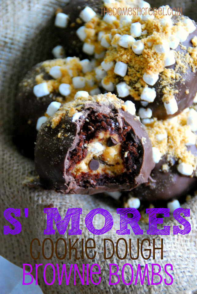 s'mores cookie dough brownie bombs arranged on burlap