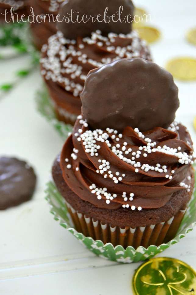 andes thin mint cupcakes arranged in a line on white background