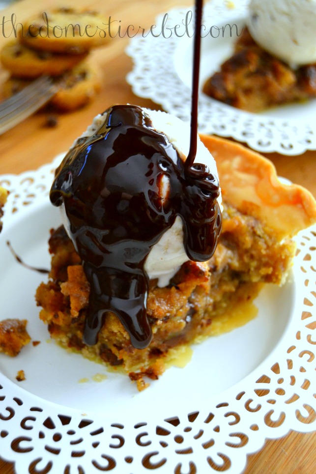 cookie dough pie recipe on white plate with ice cream and chocolate sauce