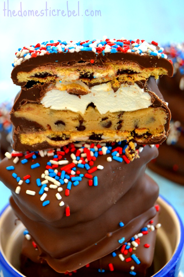 pop-tart cookie dough s'mores recipe stacked in a blue dish