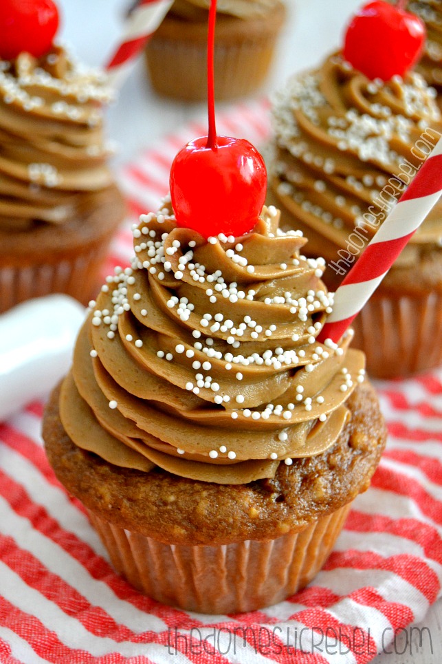 coke float cupcakes on a red and white striped fabric