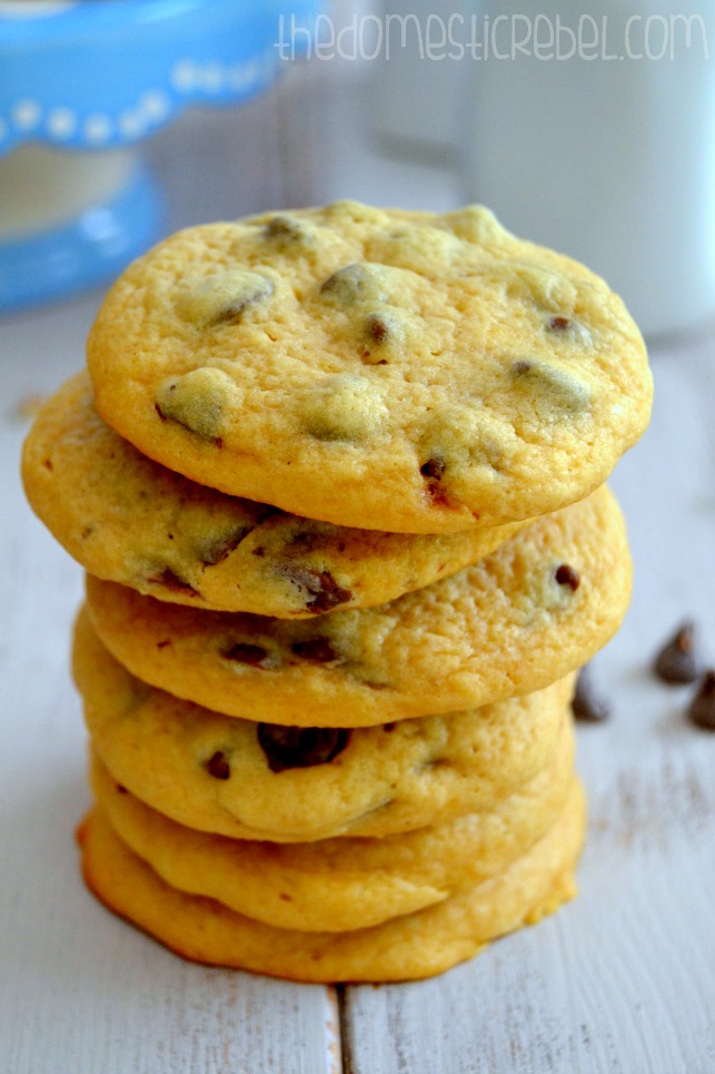 perfect chocolate chip cookies recipe stacked on white wood background