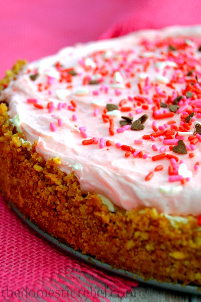 neapolitan no bake cheesecake closeup of crust on pink background