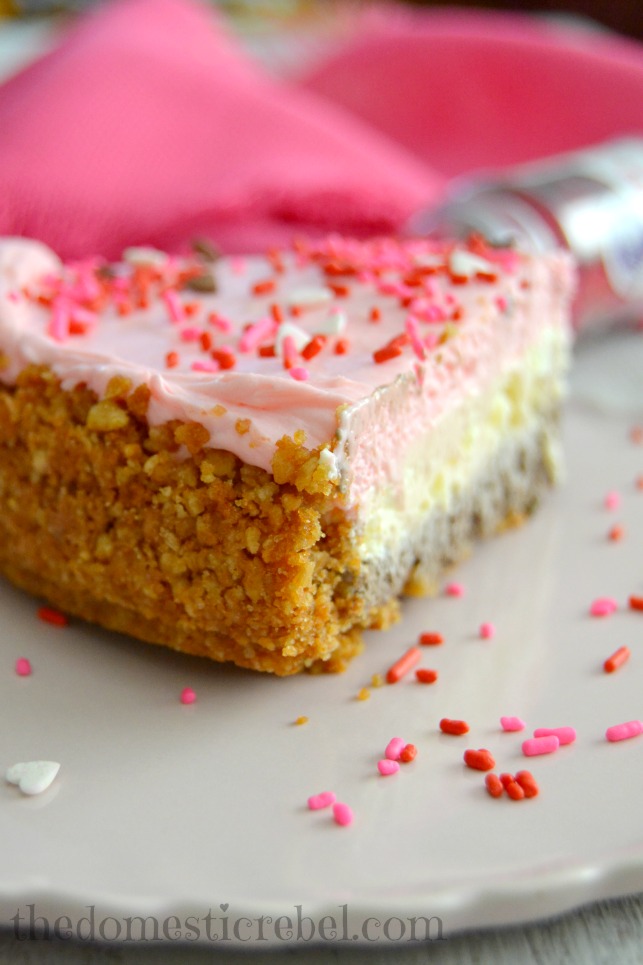 neapolitan no bake cheesecake closeup of crust detail on pink plate