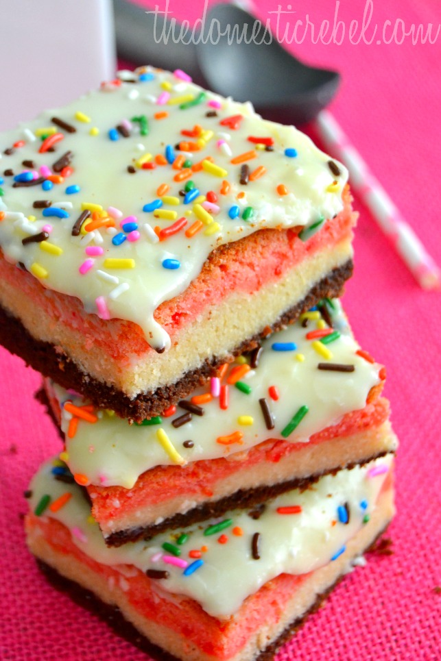 neapolitan bars recipe stacked on pink background