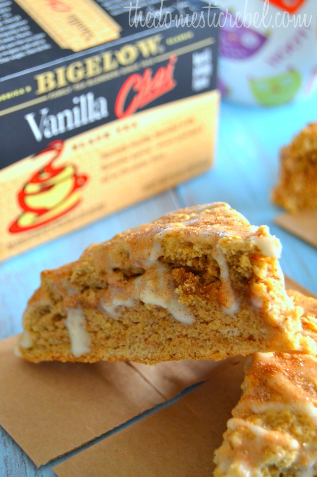 photo of vanilla chai scones with vanilla chai tea box in background