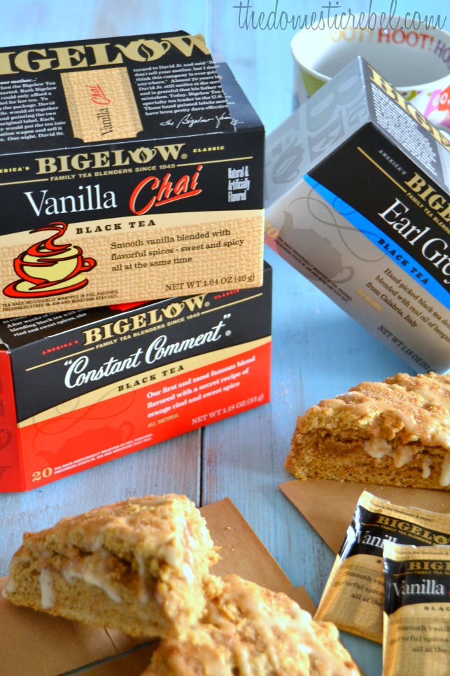 vanilla chai scones recipe with bigelow tea packaging