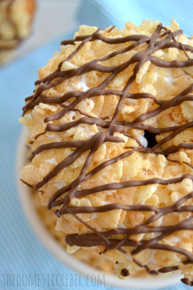 rice krispy treat donuts close-up in a stack with blue background
