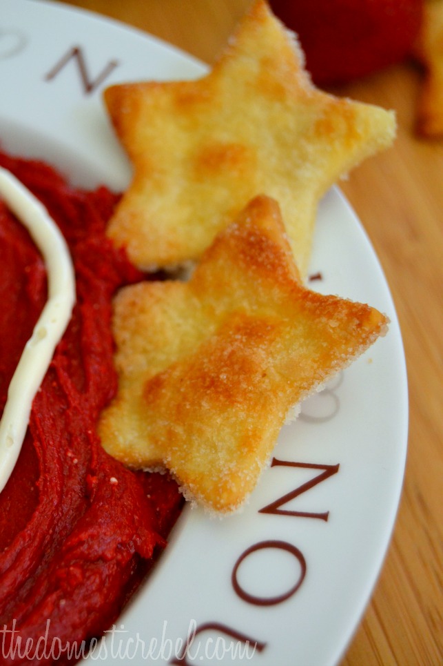 closeup of star-shaped pie crust dippers for red velvet dessert dip