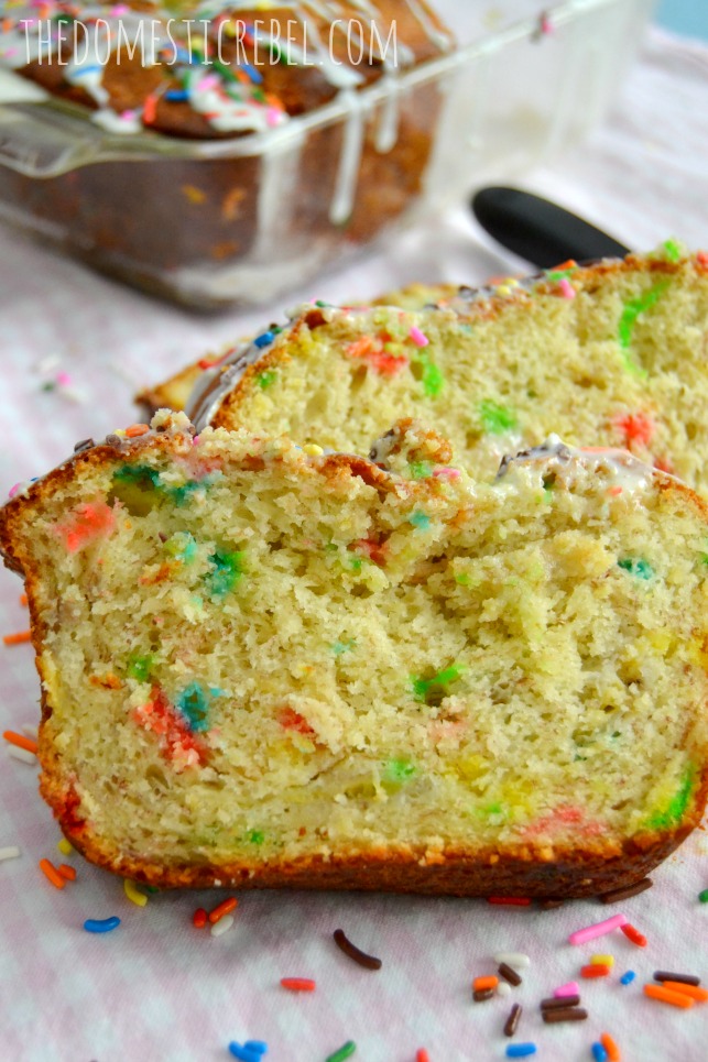 funfetti banana bread slices on pink background