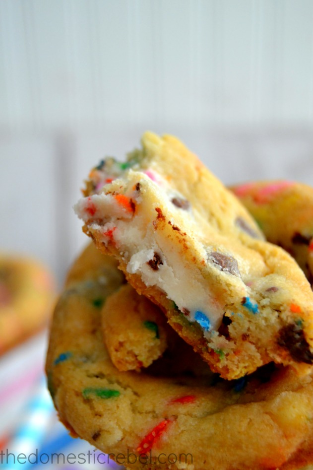frosting filled deep dish cake batter cookie piece showing interior of cookie