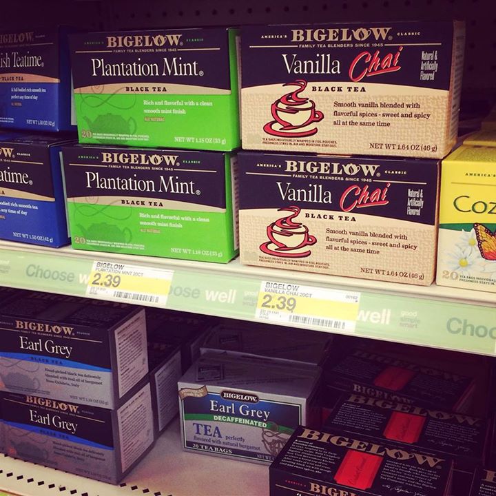 photo of various bigelow brand teas on the supermarket shelf