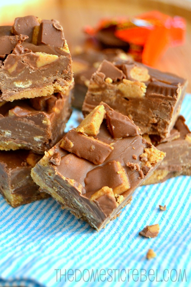 reese's peanut butter cup fudge arranged on blue towel
