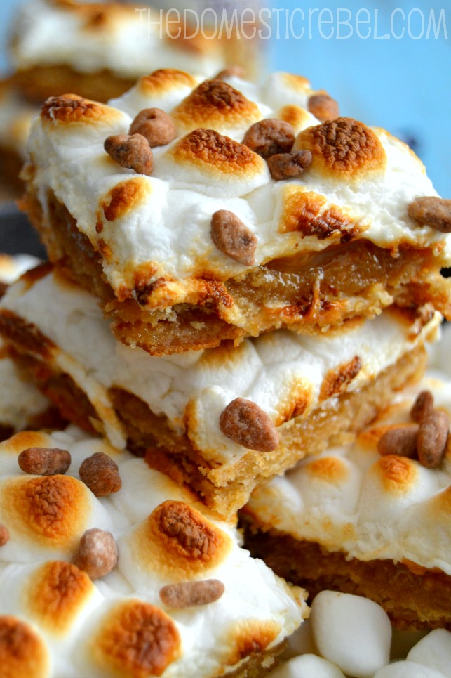 toasted marshmallow caramel butter pecan bars stacked together