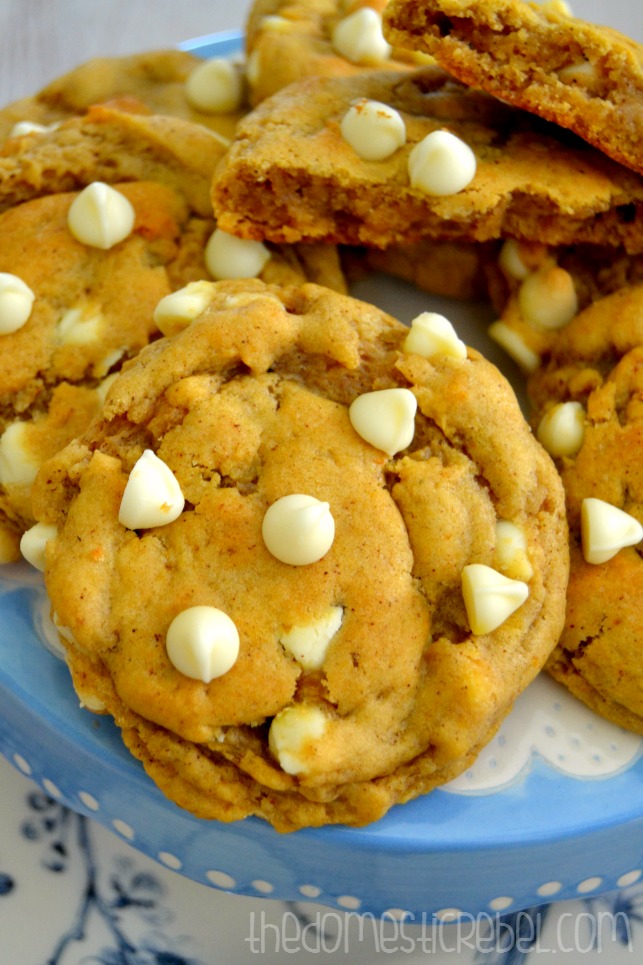chewy pumpkin chip cookies arranged on a blue and white plate