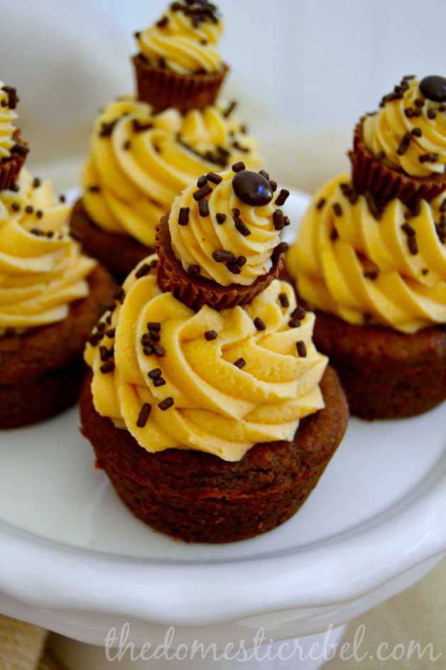 chocolate cookie cups with peanut butter cheesecake frosting on white cake stand