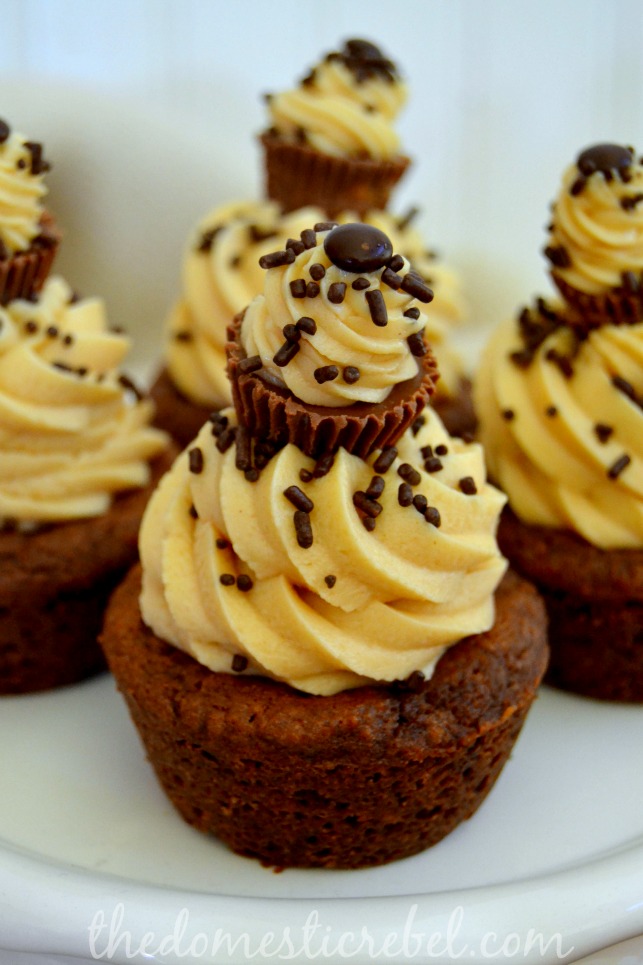 chocolate cookie cups with peanut butter cheesecake frosting on white plate