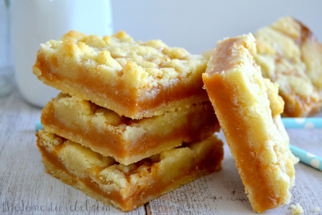 salted caramel butter bars stacked to show detail on white background