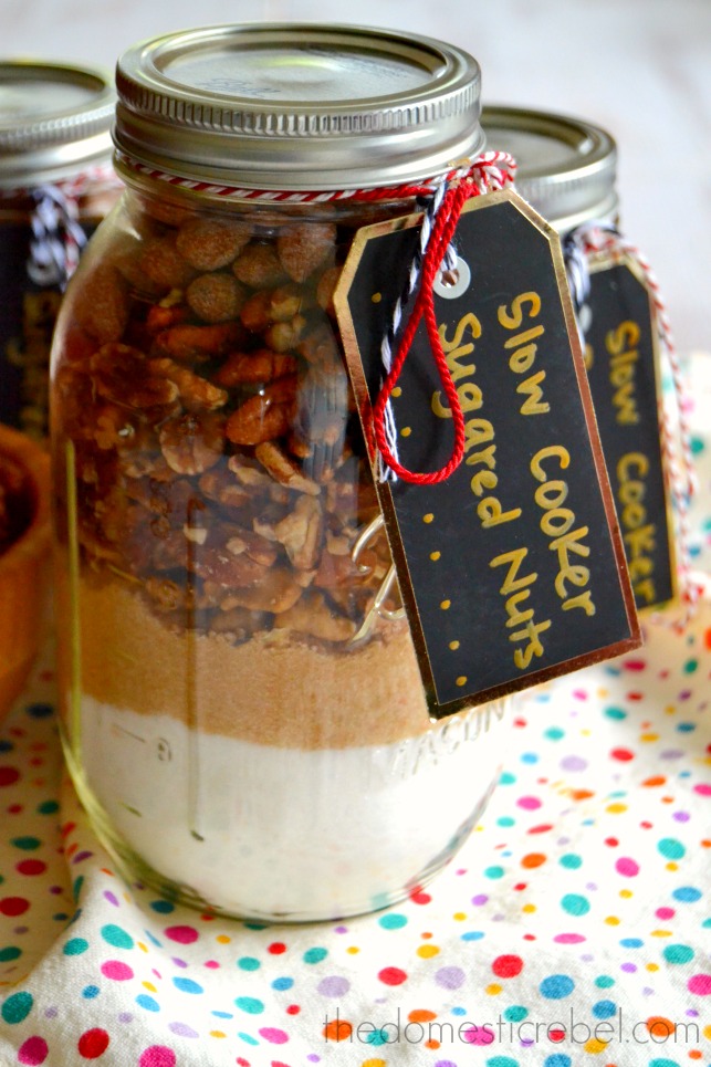 jar of Slow Cooker Sugared Nuts ingredients with tag on it