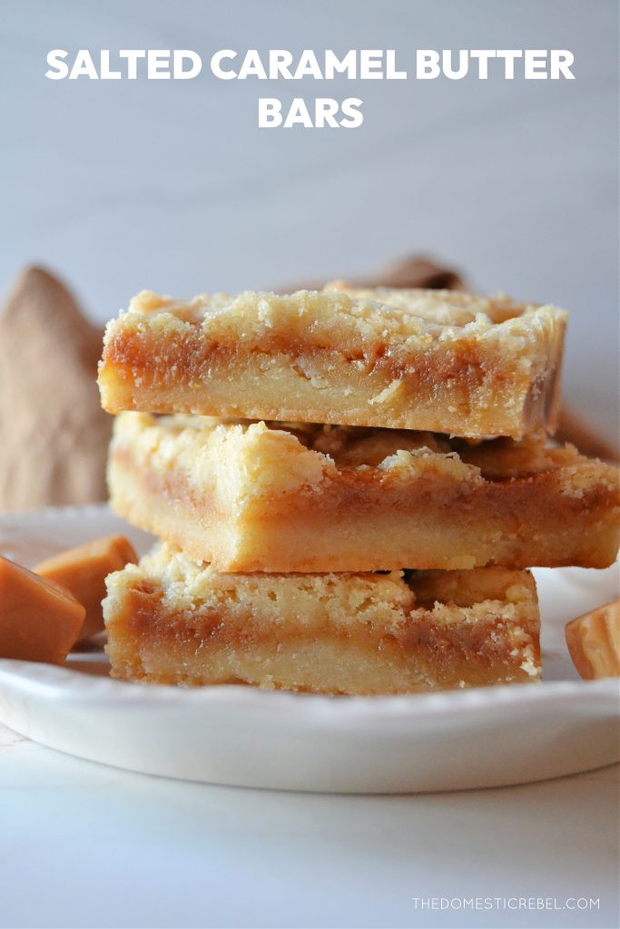 three salted caramel butter bars are stacked on a mini white plate next to some caramel squares. 
