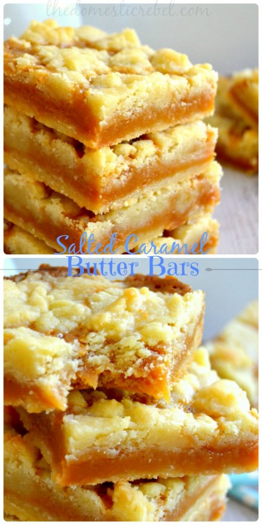These Salted Caramel Butter Bars are packed with buttery goodness! Thick and chewy, they're topped with a butter-cookie streusel and filled with rich, melt-in-your-mouth salted caramel. The best bar recipe!