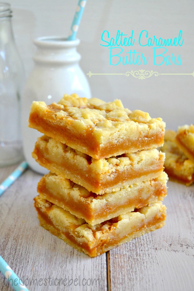 salted caramel butter bars stacked in white background