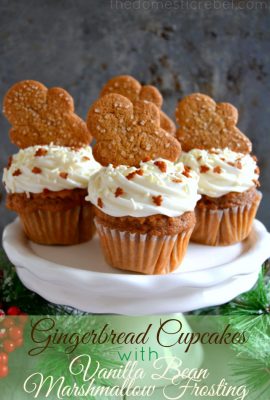 These Gingerbread Cupcakes with Vanilla Bean Marshmallow Frosting are to-die for! Moist, soft and topped with a pillow of sweet frosting, they're the perfect holiday food!