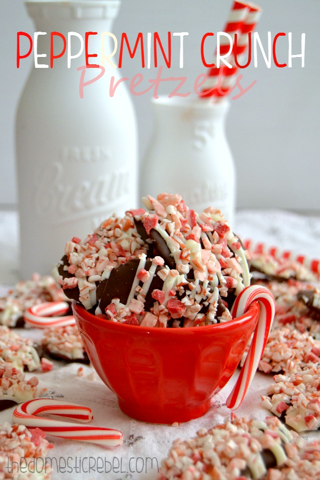 Peppermint Crunch Pretzels in a red bowl with white background