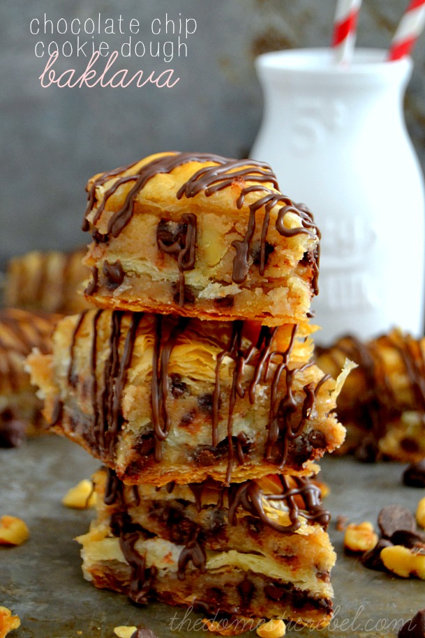 Chocolate Chip Cookie Dough Baklava stacked on a metal background