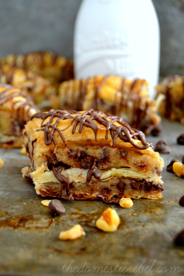 Chocolate Chip Cookie Dough Baklava on a metal background with milk glass in background
